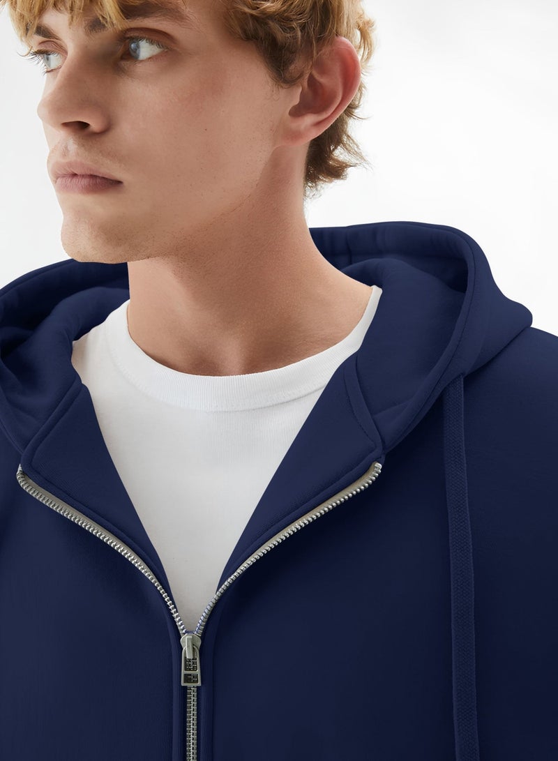Maniac Mens Solid Hooded Neck Full Sleeve Full Zipper Open Navy French Terry Loose fit Sweatshirt - Image 3
