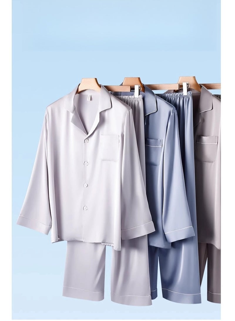 MIIOW Ice Silk Sleepwear Men's Simulated Silk Long Sleeved High-End Home Suit Set - Image 5