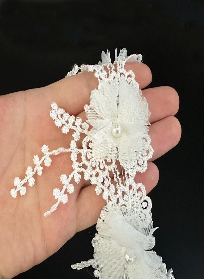 URIMPAVIDO 1 Yard White Victorian Flower Pearl Beads Lace Edge Trim Ribbon Floral Appliques Embroidered Lace Fabric Sewing Lace for Wedding Bridal Dress Clothes Costume Hat Decoration - Image 2