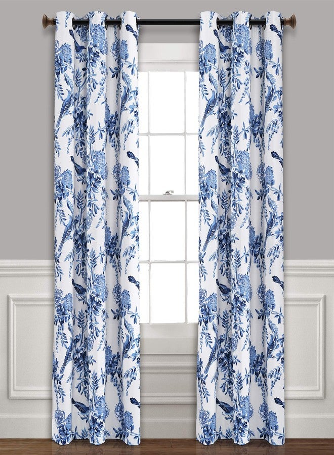 Lush Decor Farmhouse Bird & Flower Insulated Grommet Room Darkening Window Curtain Panels Pair 38" W x 95" L White & Blue - Floral Curtains Living Room - Image 1