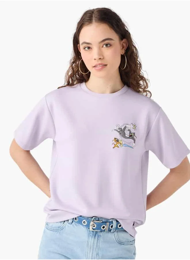 اس بي كاركترز Tom and Jerry Print Crew Neck T-shirt with Short Sleeves