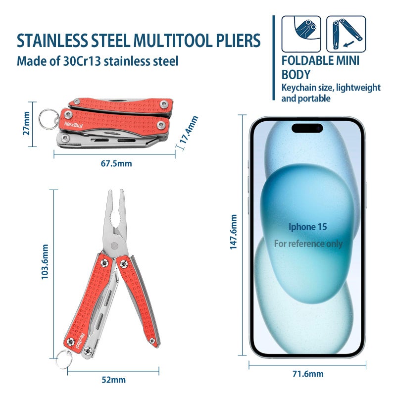 Nextool Nextool EDC Keychain Multitool, 10 in 1 Mini Pocket Knife Multi Tool with Needlenose Pliers, Scissors, Mini Useful Cool Gadgets for Men, Father's Day Gifts from Daughter-Red  - Image 2