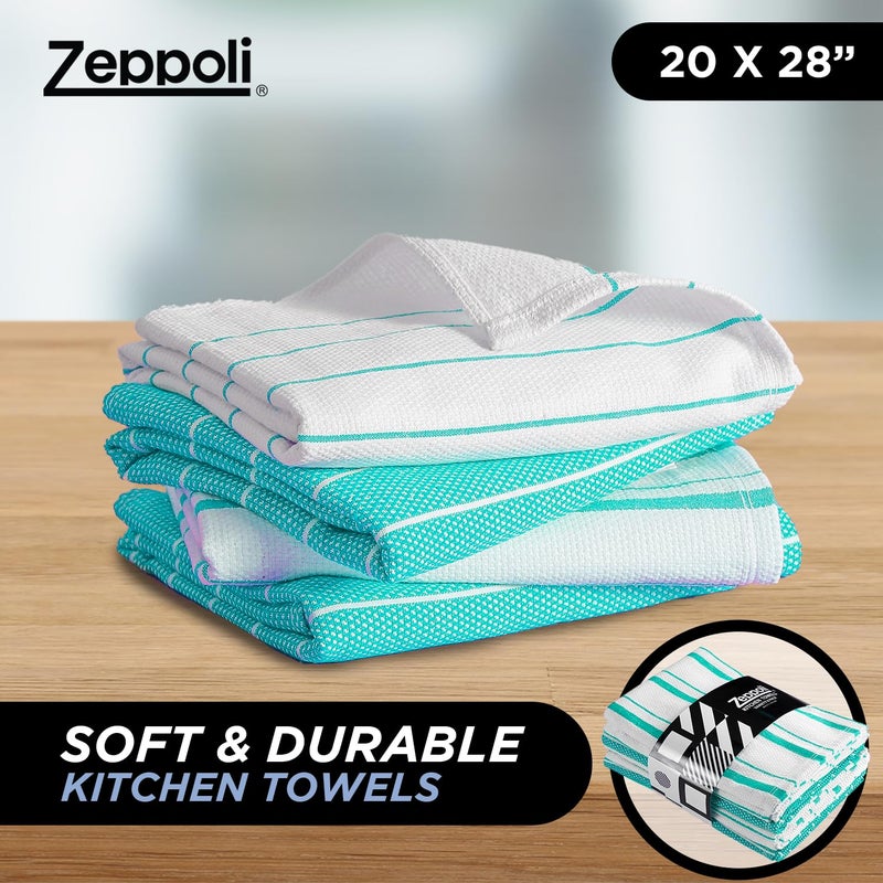 Zeppoli Classic Kitchen Towels - 6 Pack 100% Natural Cotton Kitchen Towel Set  Reusable Wash Cloths  Absorbent Dish Towels  Machine Washable Hand Towels  Kitchen Essentials  20"" x 28"" - Aqua Base - Image 3