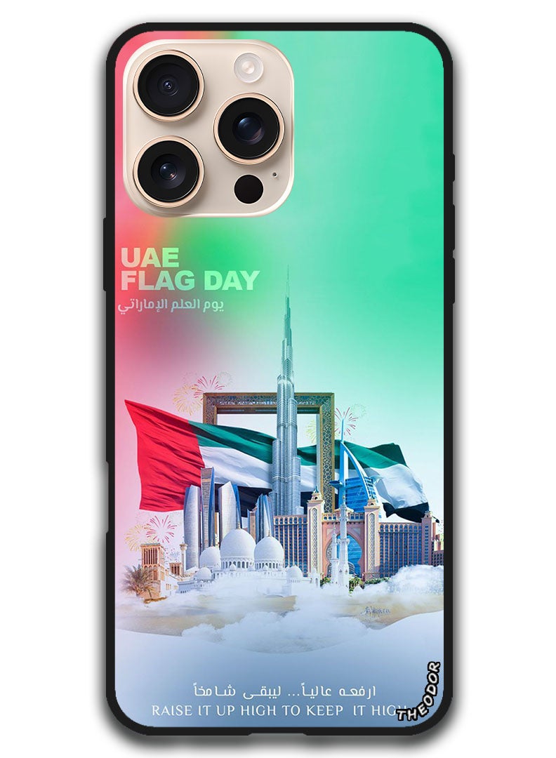 Theodor غطاء واقي مضاد للخدش ومقاوم للصدمات لجهاز iPhone 16 Pro Max (6.9) بوصة - يوم العلم الإماراتي السعيد - Image 1