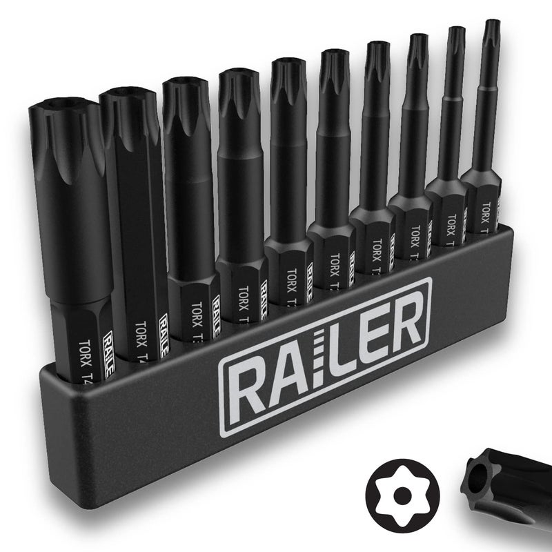 Railer Tamper Proof TORX Bit Set, Railer 10-Piece 6 Point TORX Security Screwdriver Bit Set. S2 Steel Impact Driver 2" Star Bit Set (T8, T9, T10, T15, T20, T25, T27, T30, T40, T45) - Image 1
