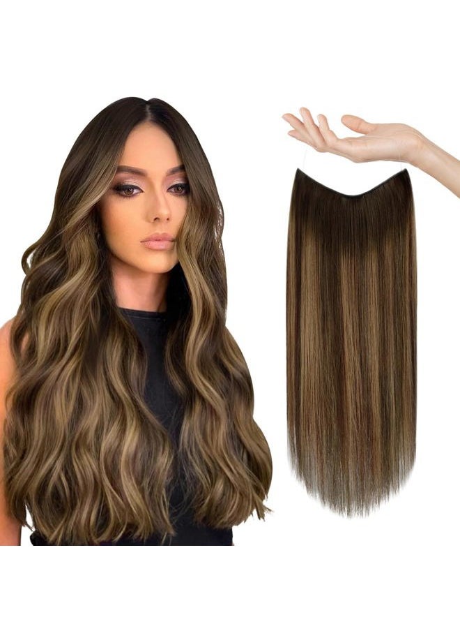 Sunny Hair Sunny Wire Hair Extensions Real Human Hair Fish Line Human Hair Extensions Invisible Wire Extensions Dark Brown to Caramel Blonde with Dark Brown Highlights #4/27/4 16 Inch  - Image 1