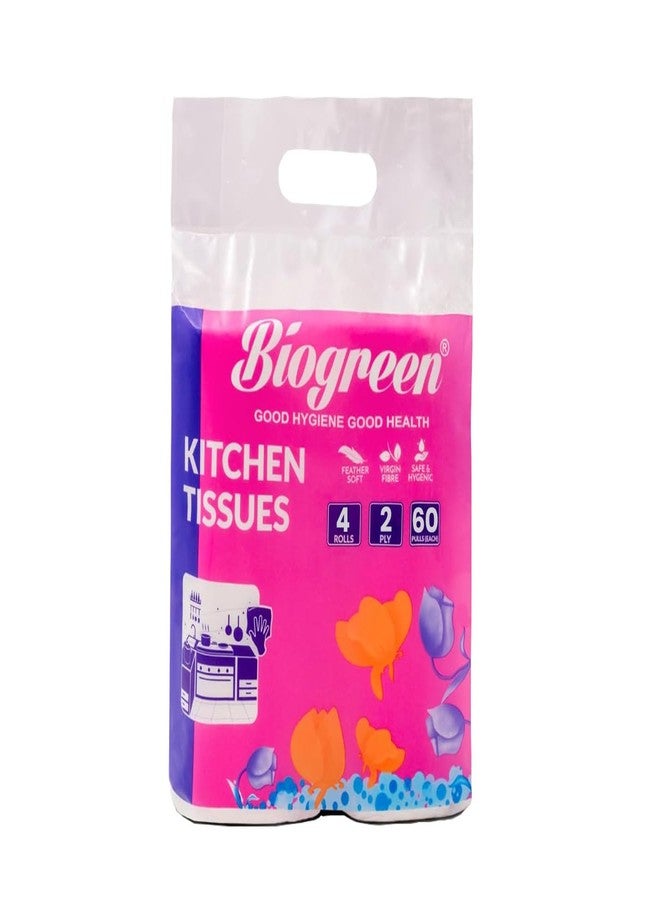 Biogreen Kitchen Tissue/Towel Paper Roll, 2 Ply soft and highly absorbent - 4 Rolls (60 Pulls Per Roll, 240 Sheets) - Image 1