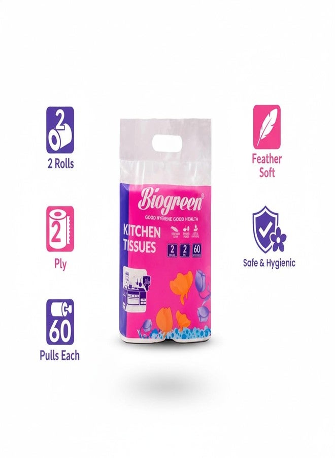 Biogreen Kitchen Tissue/Towel Paper Roll, 2 Ply soft and highly absorbent - 4 Rolls (60 Pulls Per Roll, 240 Sheets) - Image 3