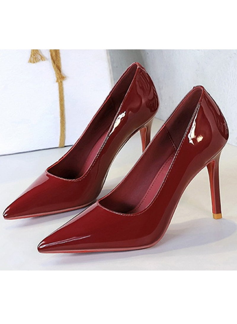 بيج تري مضخات الحزب الأنيقة للمرأة أشارت إلى إصبع القدم المغلق الكعب العالي النبيذ الأحمر 10 سم - Image 1