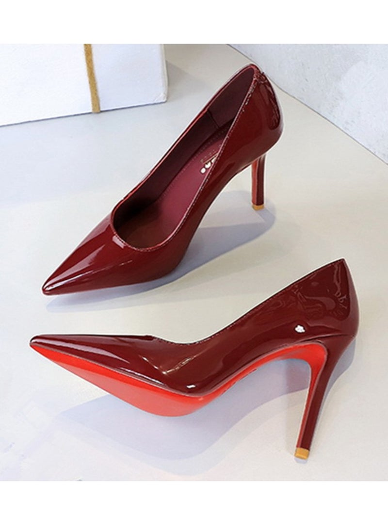 بيج تري مضخات الحزب الأنيقة للمرأة أشارت إلى إصبع القدم المغلق الكعب العالي النبيذ الأحمر 10 سم - Image 2