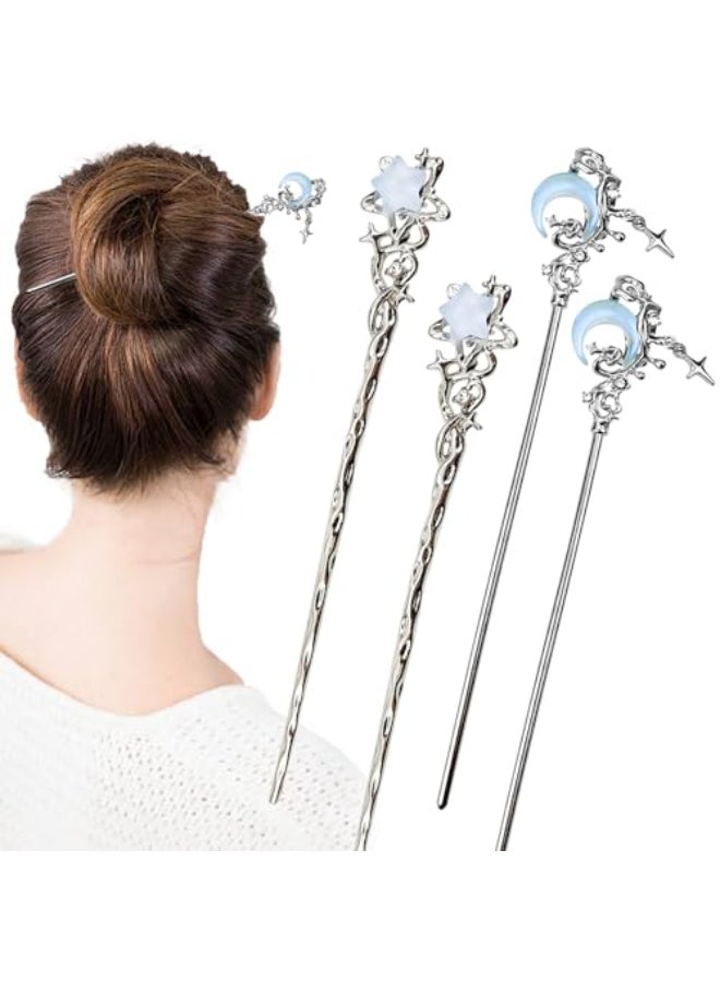 Arvintas 4PCS Star Moon Hair Sticks for Buns Long Hair Chinese Hanfu Asian Vintage Hair Chopsticks Metal Silver Hair Bun Updo Holders Long Hairpins for Women Girls - Image 1