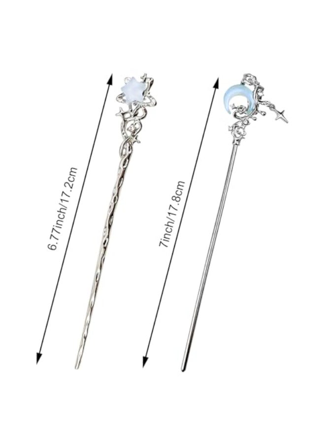 Arvintas 4PCS Star Moon Hair Sticks for Buns Long Hair Chinese Hanfu Asian Vintage Hair Chopsticks Metal Silver Hair Bun Updo Holders Long Hairpins for Women Girls - Image 3