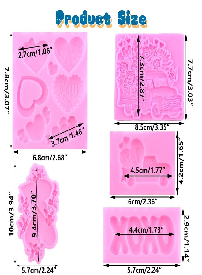Mujiang Valentine's Day Fondant Molds Heart Rose Truck Silicone Mold Love XOXO Chocolate Candy Molds For Cake Decorating Cupcake Topper Polymer Clay Gum Paste Set Of 6 - Image 2
