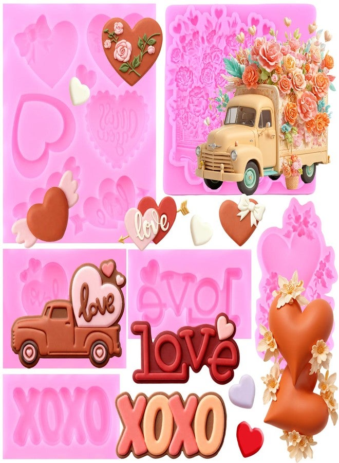 Mujiang Valentine's Day Fondant Molds Heart Rose Truck Silicone Mold Love XOXO Chocolate Candy Molds For Cake Decorating Cupcake Topper Polymer Clay Gum Paste Set Of 6 - Image 1
