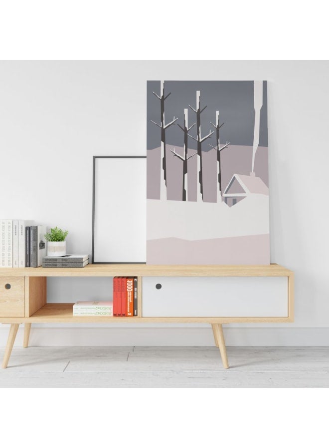 هوم جاليري كوخ في الغابة المتجمدة مع خلفية بيضاء، لوحة فنية مطبوعة على قماش، 120×80 - Image 1