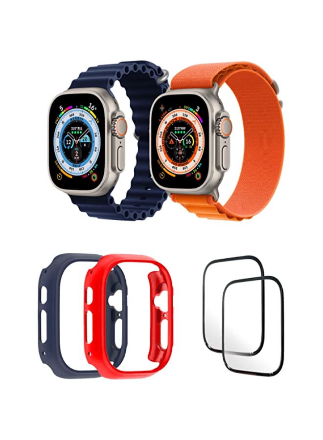 IAF Silicone Ocean Band Strap for iWatch Ultra 8 49mm,Nylon G-hook Loop Buckle Watch Strap, 49mm Dark Blue/Orange , Case Compatible with iWatch Ultra 49mm Blue/Red ,2* pcs Watch glass Set of 6