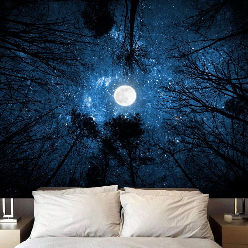Algasan Forest Galaxy Starry Tapestry, Starry Night Sky Moon Stars Ceiling Tapestry Blue Space with Trees Nature Tapestries Wall Hanging for Bedroom Dorm Living Room (51" X 60") - Image 1