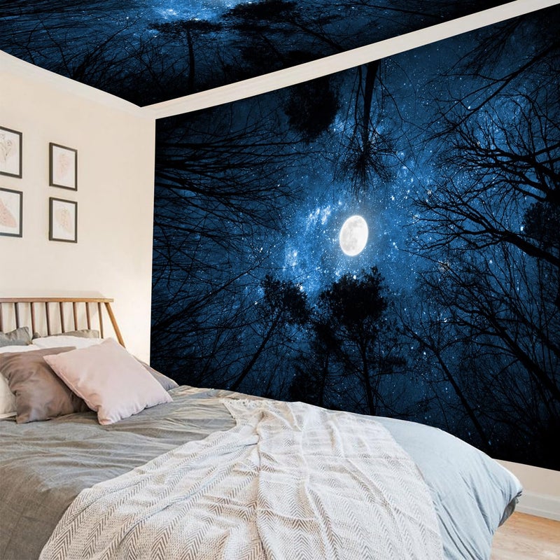 Algasan Forest Galaxy Starry Tapestry, Starry Night Sky Moon Stars Ceiling Tapestry Blue Space with Trees Nature Tapestries Wall Hanging for Bedroom Dorm Living Room (51" X 60") - Image 3