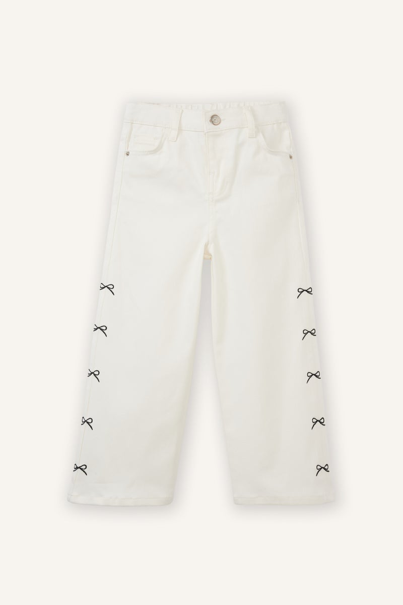 DeFacto White BabyGirl Wide Leg Embroidered Gabardine Trousers Casual - Image 1