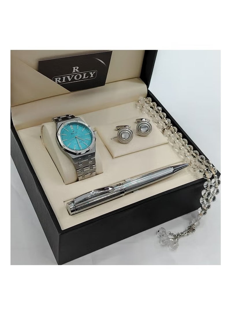 Men's stainless steel set consisting of a watch, a rosary, a pen and cufflinks