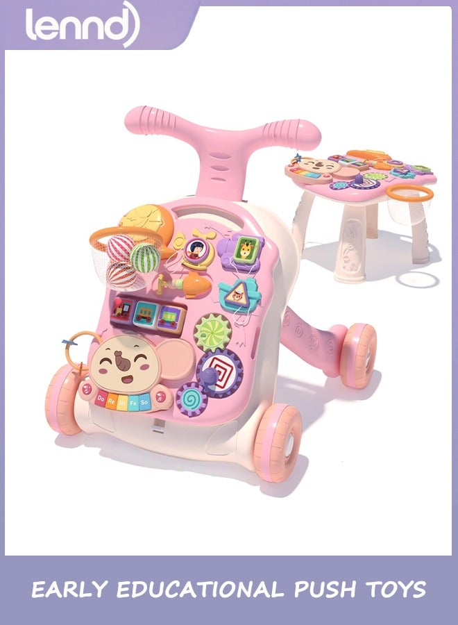 لينند 3 في 1 Baby Walker ومركز النشاط للفتاة ، تعلم المشي ، الجلوس والوقوف ، ألعاب الدفع التعليمية المبكرة مع لوحة الموسيقى للطفل الصغير 12 + أشهر الوردي - Image 1