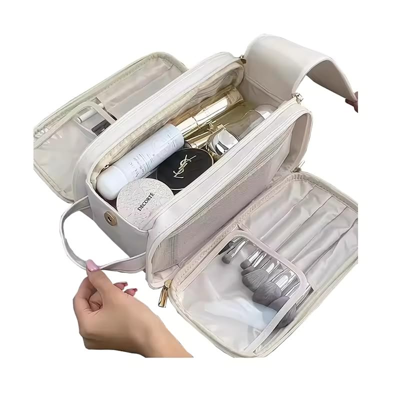 LARYNX Makeup Bag Large Capacity Travel Cosmetic Bag MultiPartition with Handle Makeup Bag Multifunctional Portable Organizer Women Waterproof Storage Toiletry Bag Beige - Image 5