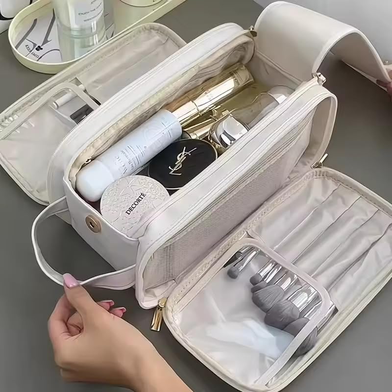 LARYNX Makeup Bag Large Capacity Travel Cosmetic Bag MultiPartition with Handle Makeup Bag Multifunctional Portable Organizer Women Waterproof Storage Toiletry Bag Beige - Image 2