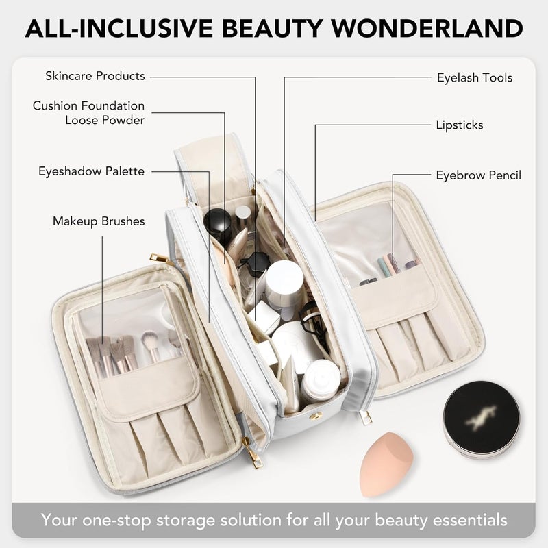 LARYNX Makeup Bag Large Capacity Travel Cosmetic Bag MultiPartition with Handle Makeup Bag Multifunctional Portable Organizer Women Waterproof Storage Toiletry Bag Beige - Image 4