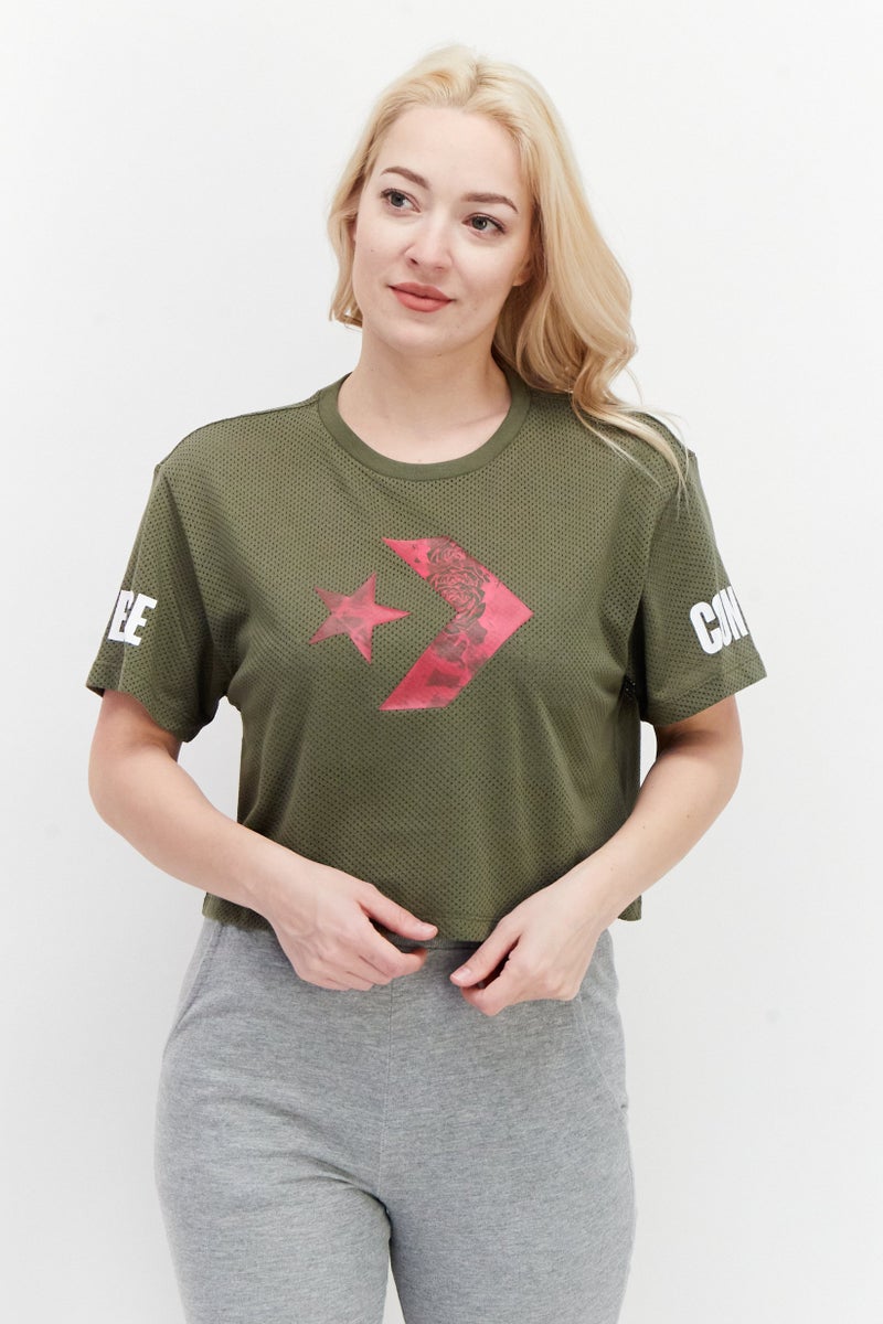 CONVERSE تي شيرت تدريب رياضي للنساء، زيتوني - Image 1