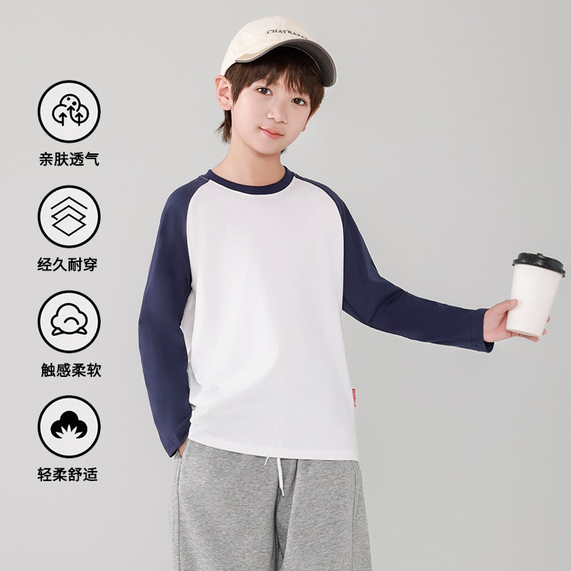 Children'S Long-Sleeved T-Shirt Pure Cotton 2025 Spring & Fall Loose Boys' Raglan Sleeve Tops Medium And Large Kidsren'S Style Bottoming Shirts - Image 3