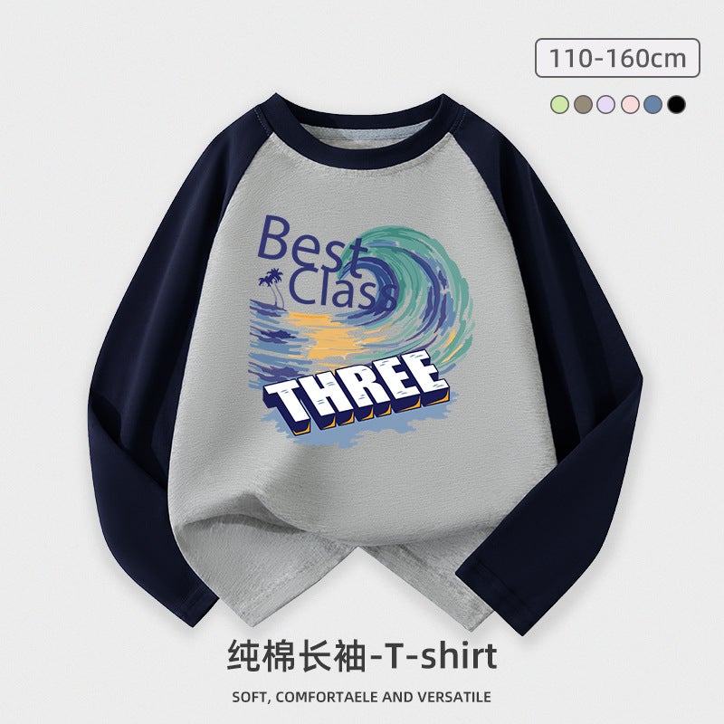 Children'S Long-Sleeved T-Shirt Pure Cotton 2025 Spring & Fall Loose Boys' Raglan Sleeve Tops Medium And Large Kidsren'S Style Bottoming Shirts - Image 1