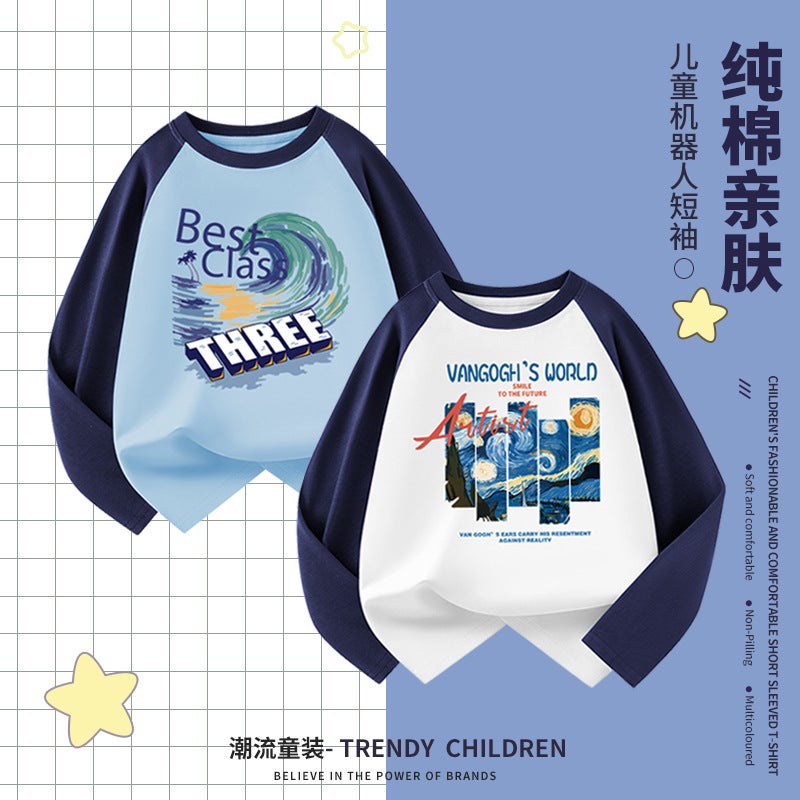 Children'S Long-Sleeved T-Shirt Pure Cotton 2025 Spring & Fall Loose Boys' Raglan Sleeve Tops Medium And Large Kidsren'S Style Bottoming Shirts - Image 2