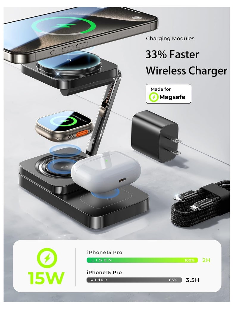 Excefore - 3 in 1 Charging Station for Apple, MagSafe Charger Stand, Magnetic Wireless Fast Charging for iPhone 15 Pro Max, AirPods, and Apple Watch, Multiple Device Compatibility - Image 1