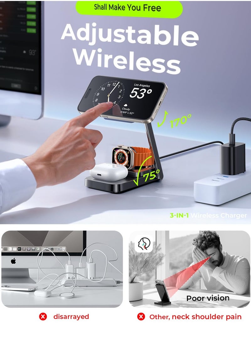 Excefore - 3 in 1 Charging Station for Apple, MagSafe Charger Stand, Magnetic Wireless Fast Charging for iPhone 15 Pro Max, AirPods, and Apple Watch, Multiple Device Compatibility - Image 1