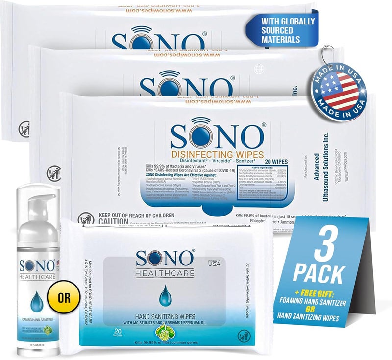 SONO Disinfecting Wipes - 60 Count (Pack of 3) + Sanitizer, Travel Size, Alcohol-Free, No Bleach, Medical-Grade, Multi-Surface Cleaning for School, Office, and On-The-Go - Image 1