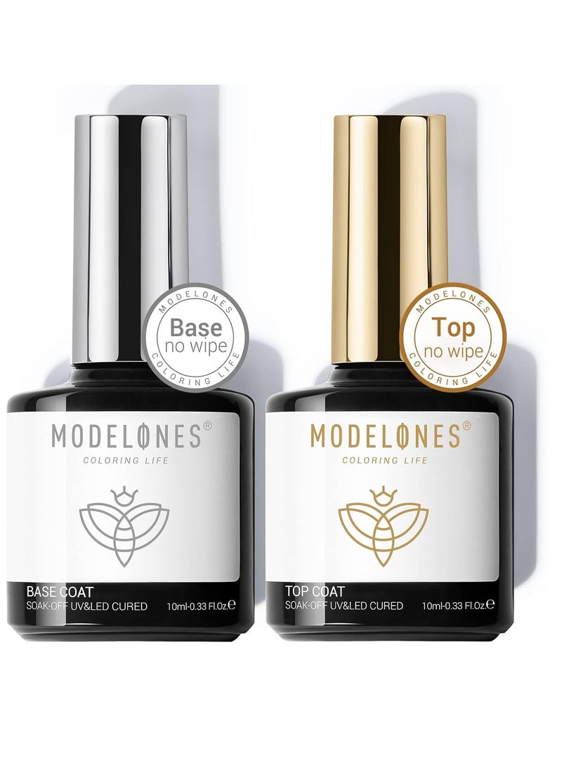 modelones modelones Gel Top Coat and Base Coat Set 2 Pcs Gel Nail Polish No Wipe Gel Base and Top Coat Clear Top Coat Nail Lamp Need Long Lasting Shiny 10 ml Gifts for Women  - Image 1