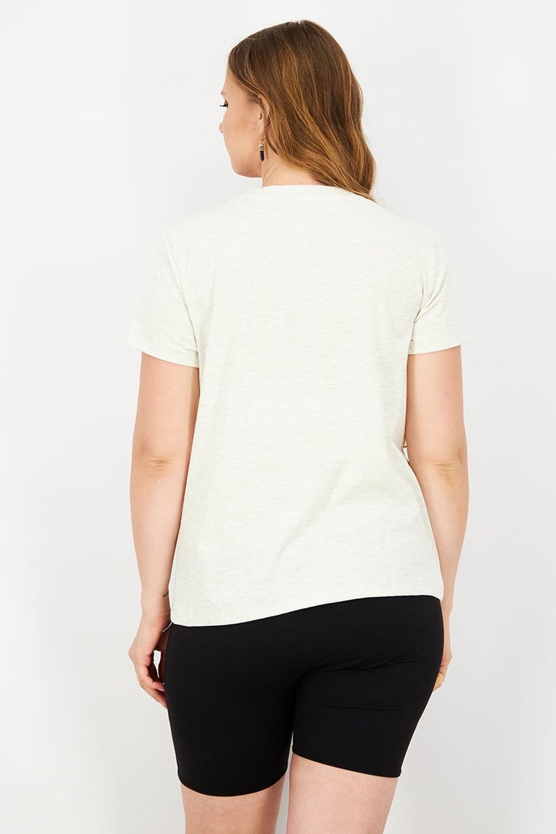 Rae Dunn Women Crew Neck Short Sleeve Heather Print Top, Oatmeal Heather - Image 3