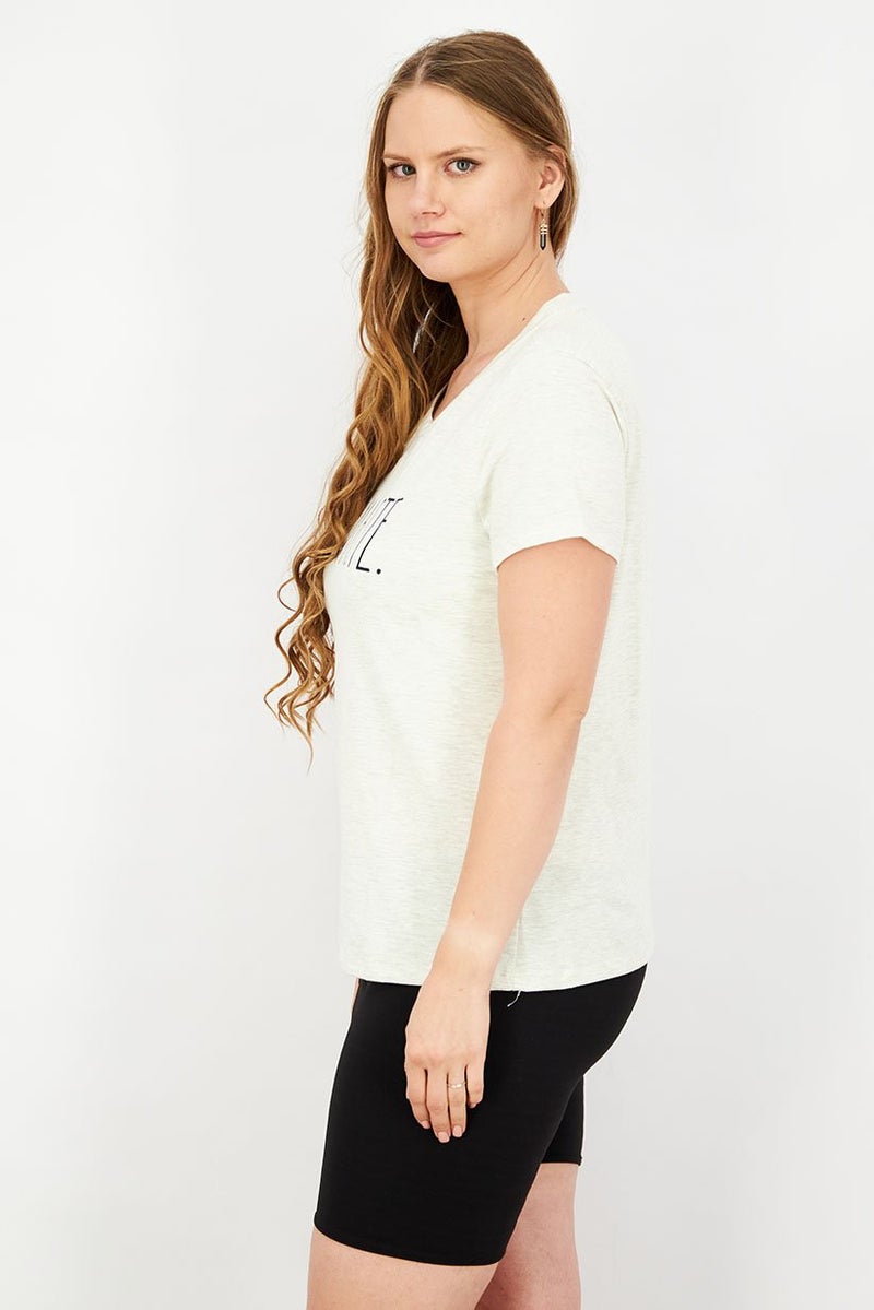Rae Dunn Women Crew Neck Short Sleeve Heather Print Top, Oatmeal Heather - Image 2