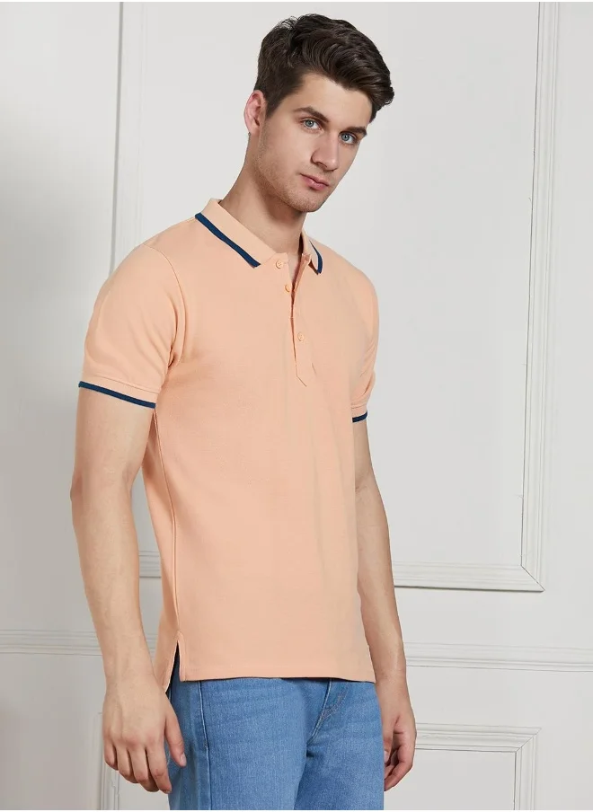 Dennis Lingo Regular Fit Peach Cotton Polo T-Shirt