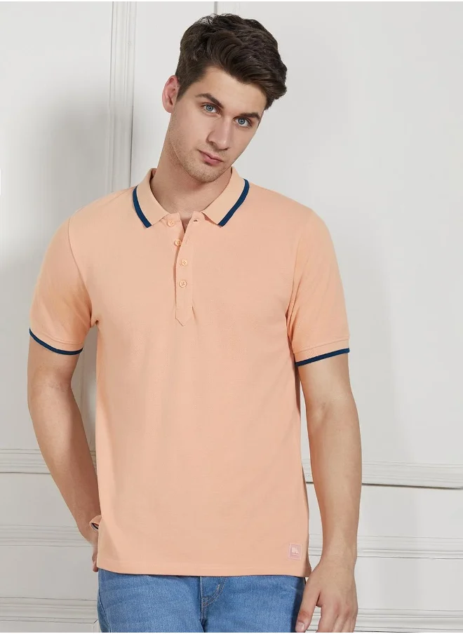 Dennis Lingo Regular Fit Peach Cotton Polo T-Shirt