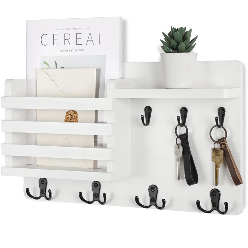 Nekon Mail Holder for Wall Mail Organizer with Key Hooks Hallway Farmhouse Decor Storage Racks with Floating Shelf and Flush Mount Hardware (16.8Inch x 10Inch x 3.2Inch) - Image 1