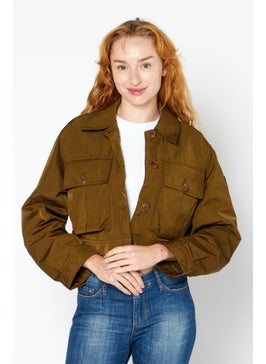Women Solid Shirt Jacket, Khaki
