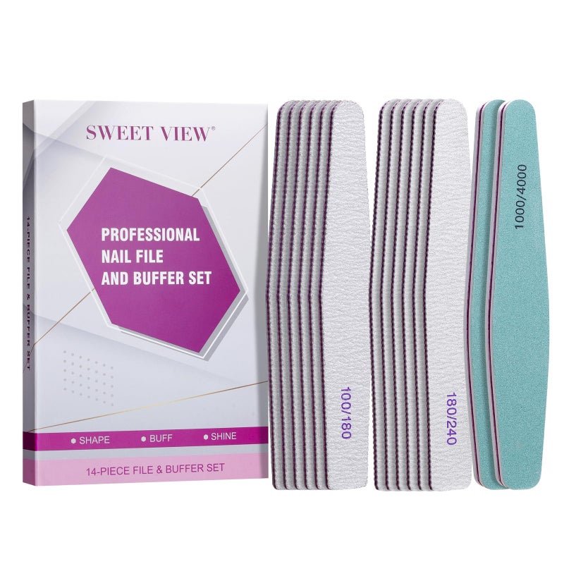 SWEET VIEW 14PCS Nail Files & Buffers for Natural, Gel, and Acrylic Nails | Emery Boards and Buffing Blocks Professional Kit (100/180/240/1000/4000 Grit) - Image 1