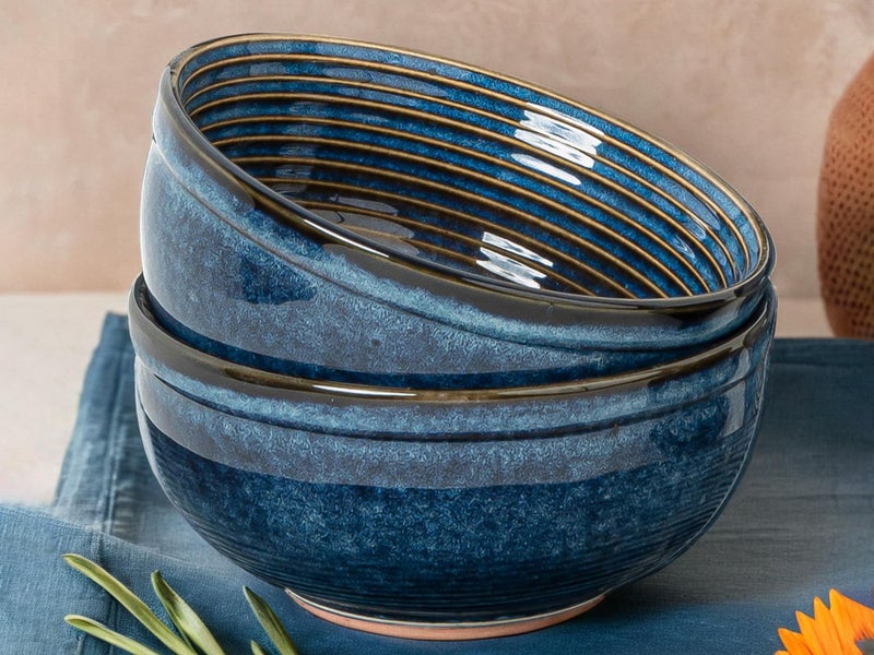 Bodhi House Ceramic Deep Serving Bowl Set of 2 – 1000ml, Microwave Safe, Reactive Blue – Large Multipurpose Bowls for Salad, Ramen, Cereal, Snacks, Dal, Fruit – Ideal for Dining & Gifting - Image 2