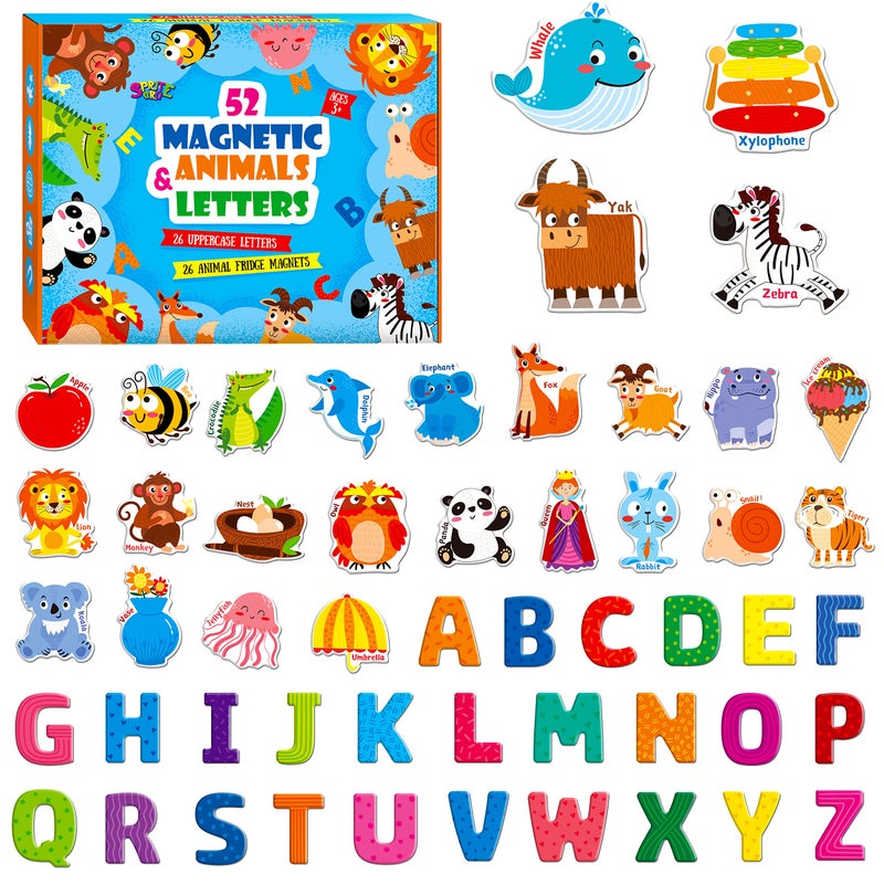 Large Magnetic Letters and Animals Educational Learning Tool for Kids Word Recognition 52 Pieces Magnets Include 26 Colorful Alphabet Letters and Corresponding Cartoon Images