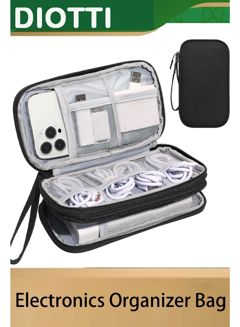 DIOTTI Waterproof Electronics Organizer Bag, Portable Double-Layer Travel Case for Cables, Chargers, Hard Drives, SD Cards, Tech Accessories（Black, 19 x 11 x 6 cm） - Image 1