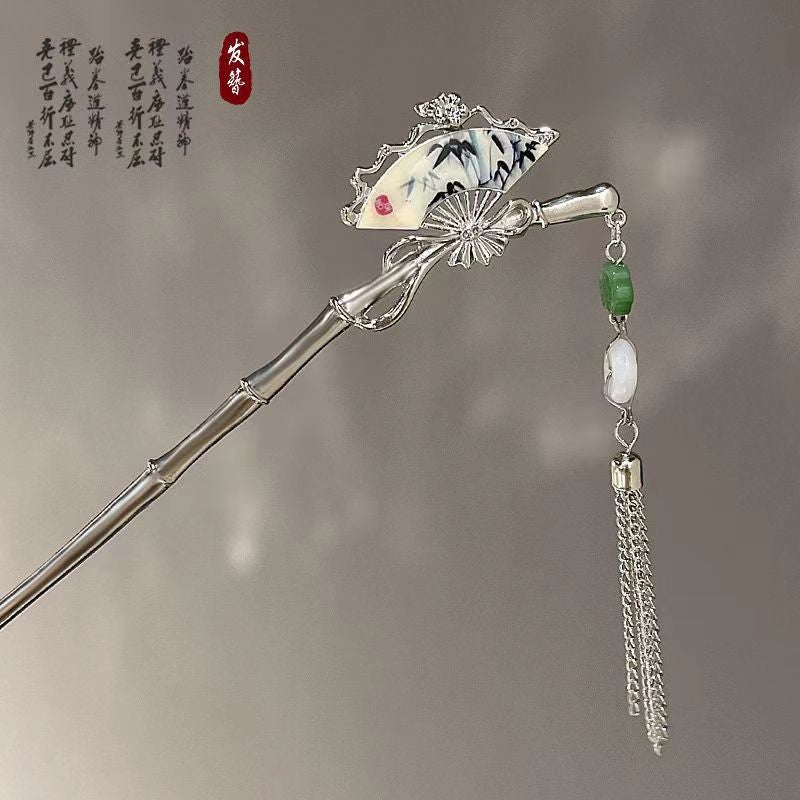 Generic Elegant Tassel Hairpin with Traditional Chinese Style Ink Fan 