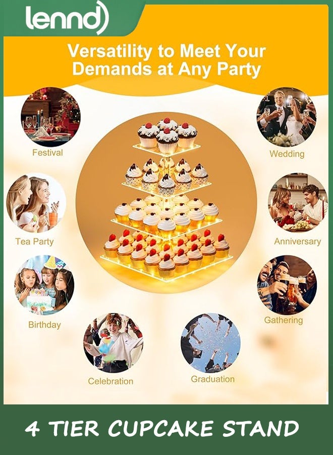 لينند 4 طبقة كعكة كعكة وقف عرض برج أكريليك مع LED ضوء حامل بريميوم برج شجرة الحلوى لعيد ميلاد كادي بار ديكور حفلات الزفاف والأحداث (الضوء الأصفر) - Image 2