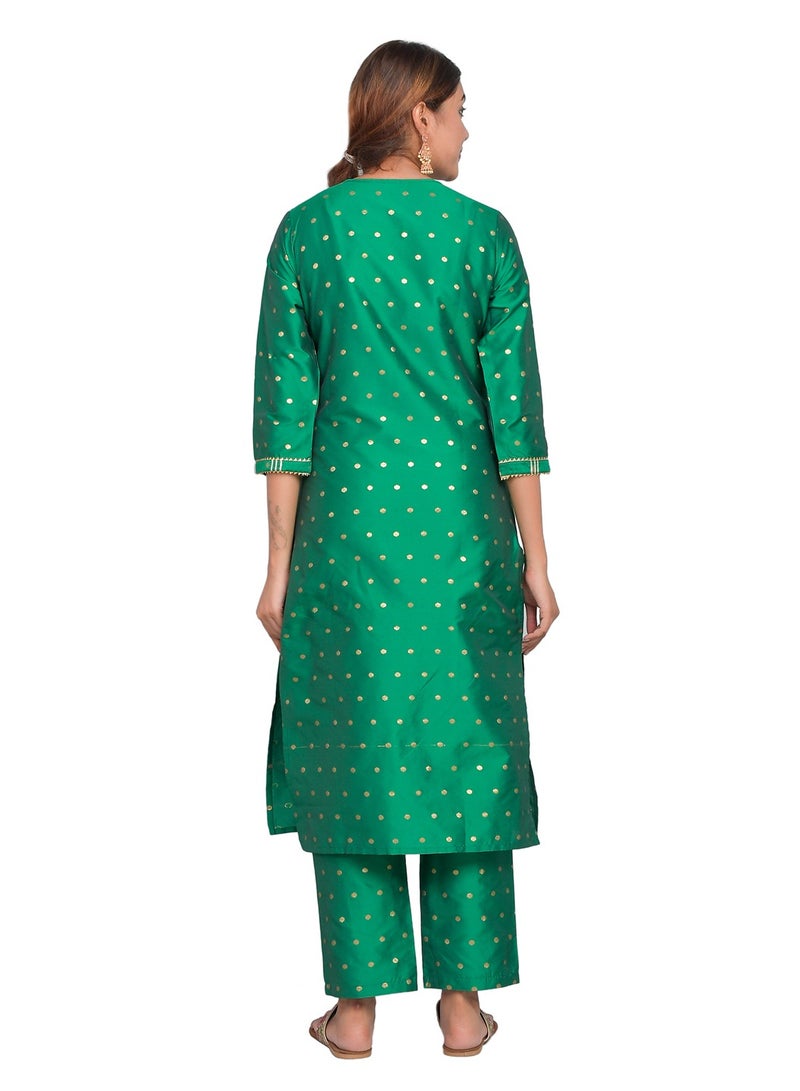 Riara Women Bright Green Kurti with Pant Set 3/4 Sleeves Suitable for Casual Wear Art Silk (Taffeta Booty) Size M  - Image 4