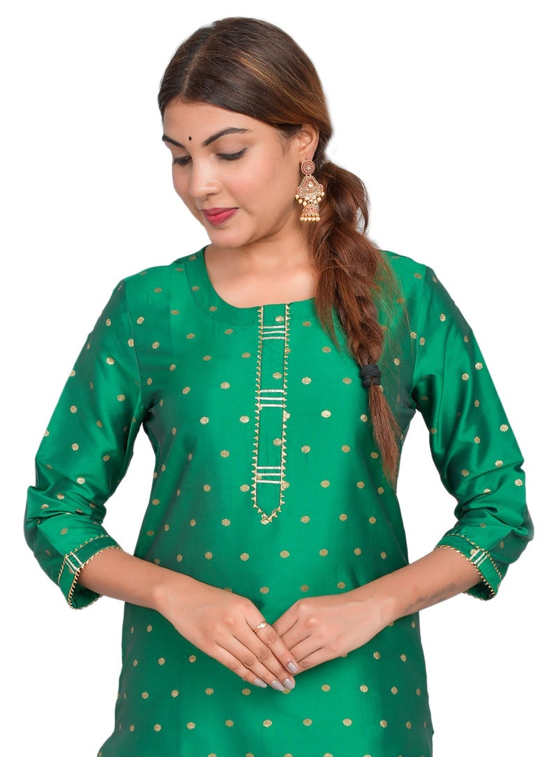 Riara Women Bright Green Kurti with Pant Set 3/4 Sleeves Suitable for Casual Wear Art Silk (Taffeta Booty) Size M  - Image 3